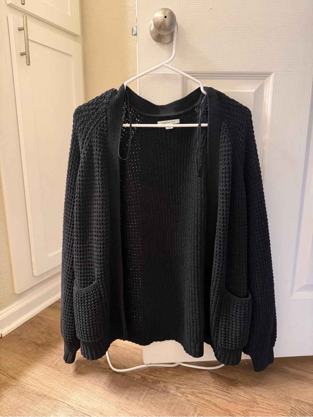 American Eagle Navy Blue Waffle-Knit Open Cardigan Sweater